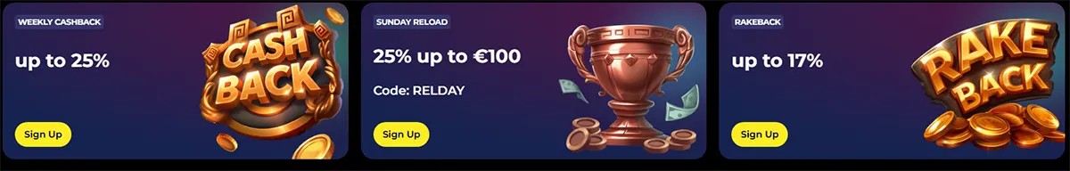 Row of three casino promo cards: Weekly Cashback up to 25% (cashback badge), Sunday Reload 25% up to €100 with code: RELDAY (trophy and coins), and Rakeback up to 17% (rakeback badge), each with a Sign Up button on a dark purple-blue background.
