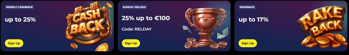 Row of three casino promo cards: Weekly Cashback up to 25% (cashback badge), Sunday Reload 25% up to €100 with code: RELDAY (trophy and coins), and Rakeback up to 17% (rakeback badge), each with a Sign Up button on a dark purple-blue background.