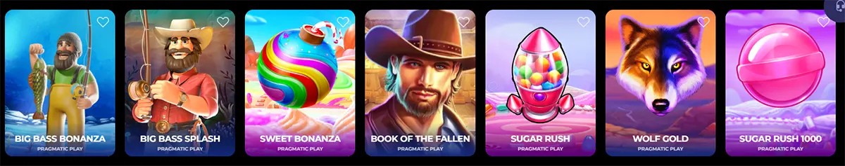 Horizontal “Drops & Wins Slots” style row of game tiles showing Big Bass Bonanza, Big Bass Splash, Sweet Bonanza, Book of the Fallen, Sugar Rush, Wolf Gold, and Sugar Rush 1000, each with a small heart/favourite icon in the corner on a dark casino UI background.