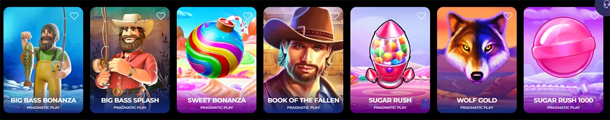 Horizontal “Drops & Wins Slots” style row of game tiles showing Big Bass Bonanza, Big Bass Splash, Sweet Bonanza, Book of the Fallen, Sugar Rush, Wolf Gold, and Sugar Rush 1000, each with a small heart/favourite icon in the corner on a dark casino UI background.