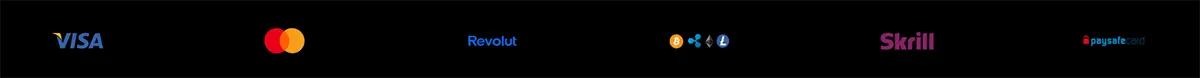 Payment methods strip on a dark background showing Visa, Mastercard, Revolut, cryptocurrency icons (Bitcoin and others), Skrill, and paysafecard logos.