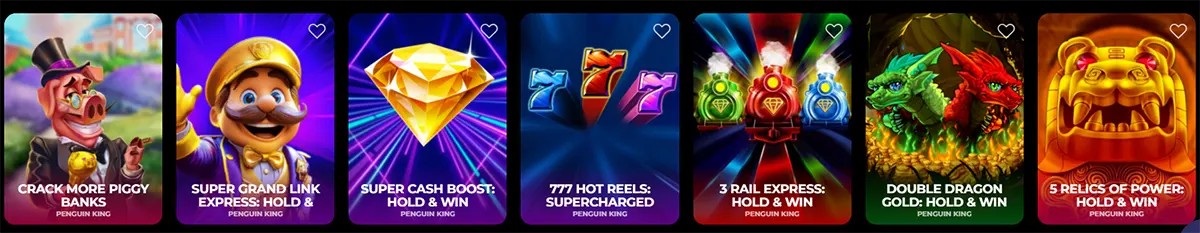 Row of casino slot game tiles: Crack More Piggy Banks, Super Grand Link Express: Hold & Win, Super Cash Boost: Hold & Win, 777 Hot Reels: Supercharged, 3 Rail Express: Hold & Win, Double Dragon Gold: Hold & Win, and 5 Relics of Power: Hold & Win.
