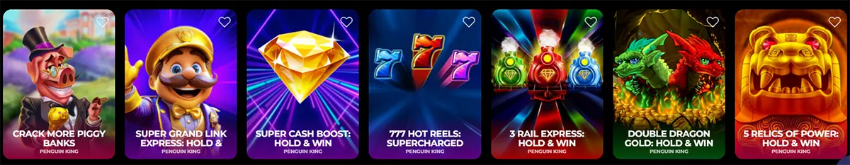 Row of casino slot game tiles: Crack More Piggy Banks, Super Grand Link Express: Hold & Win, Super Cash Boost: Hold & Win, 777 Hot Reels: Supercharged, 3 Rail Express: Hold & Win, Double Dragon Gold: Hold & Win, and 5 Relics of Power: Hold & Win.