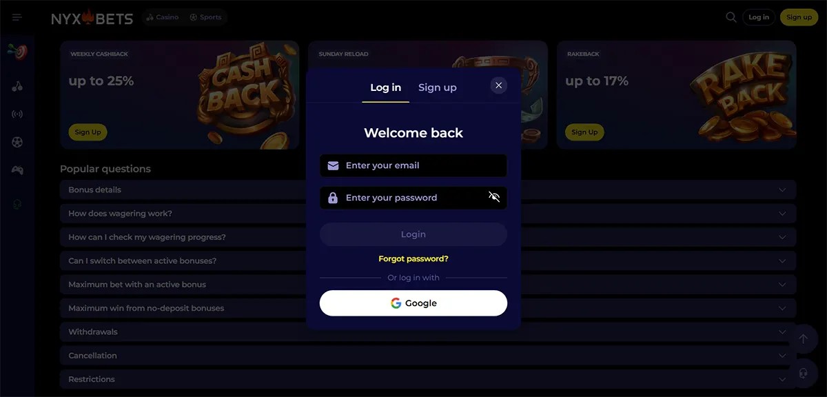 Login pop-up on the NYXBETS site with “Welcome back”, email and password fields (eye icon), a disabled “Login” button, “Forgot password?” link, and a “Log in with Google” button over a dark FAQ background.