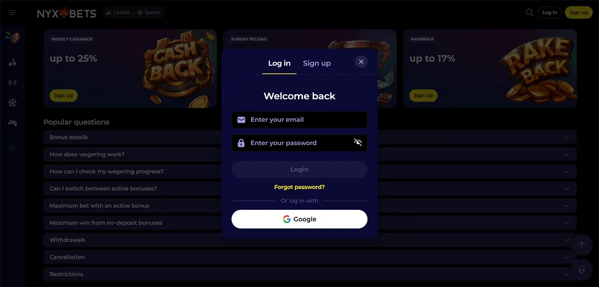 Login pop-up on the NYXBETS site with “Welcome back”, email and password fields (eye icon), a disabled “Login” button, “Forgot password?” link, and a “Log in with Google” button over a dark FAQ background.